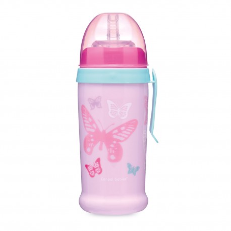 Canpol babies Bidon niekapek z rurką silikonową 350ml BUTTERFLY różowy 56/515_pin